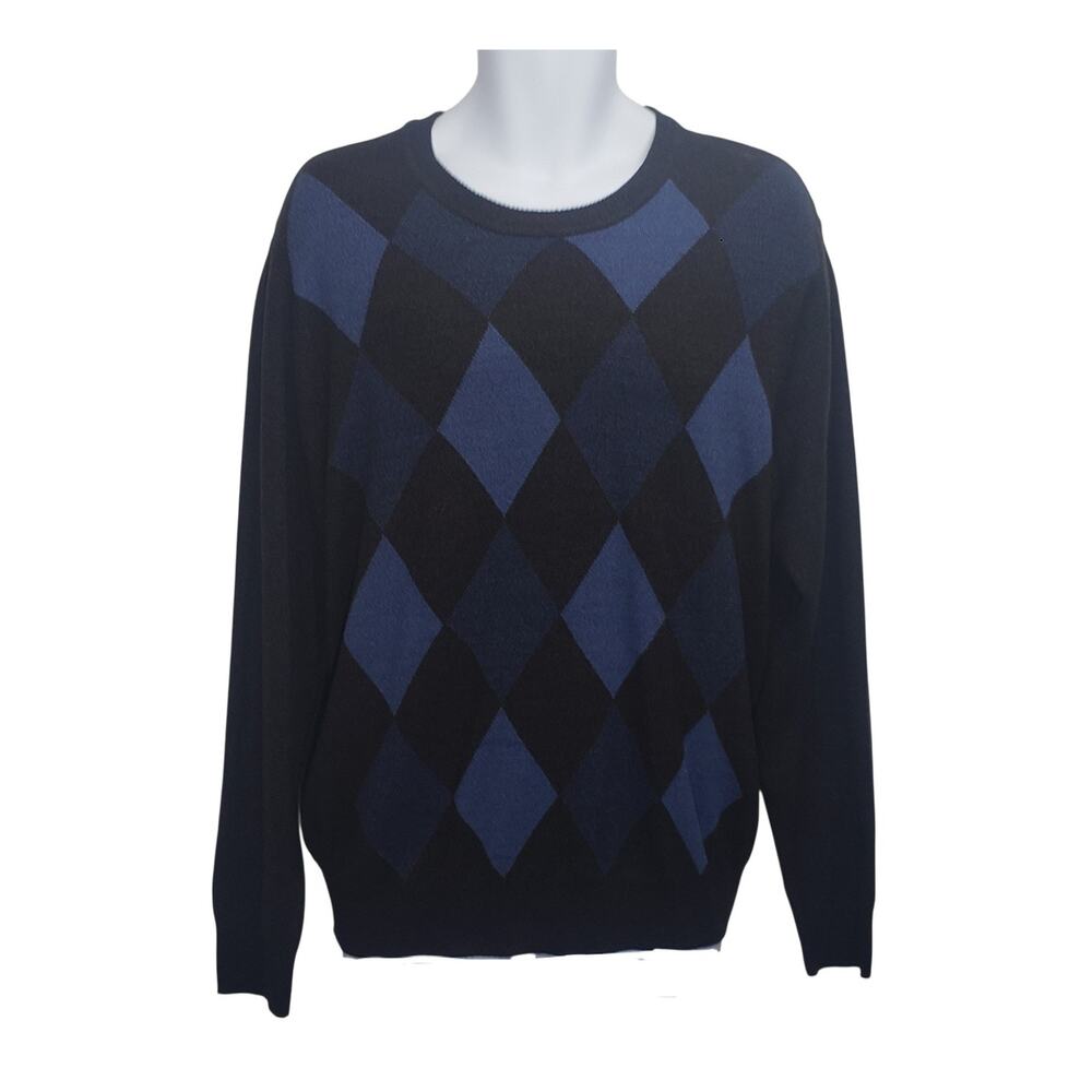 Dockers Mens L Argyle Crewneck Sweater Gray Blue Diamond Knit Golf Preppy